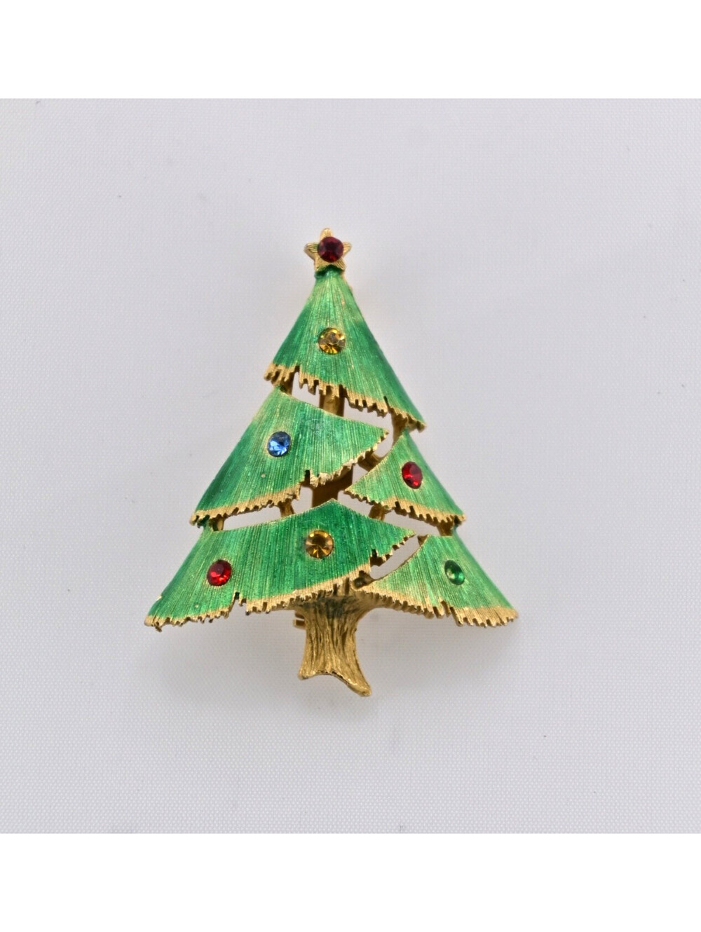 Vtg Rhinestone Christmas Tree Brooch Pin Green Enamel Gold Holiday Winter Gift